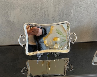 Brass Tray Rectangular Serving Tray with Handles, Decorative Coffee & Tea Beverage Server, Elegant Snack Organizer