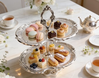 2-Tier Cookie Stand, Cake Stand, Silver plated treats. Made with high quality brass material.