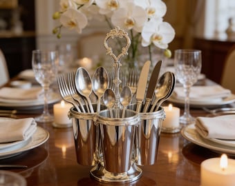 Brass 3 Bowl Cutlery Holder, Handmade Triple Spoon Stand Silver