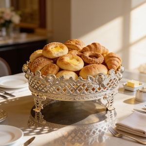 May include: A silver-coloured metal serving bowl with an intricate lattice and floral relief design, supported by three ornate feet, filled with a variety of golden-brown baked goods including croissants, sesame-topped rolls, and custard-filled pastries.