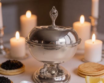 Silver Caviar Dish with Ornate Base – Handmade Brass Server for Gourmet Presentation & Luxury Tables