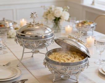 Può includere: Due scaldavivande d'argento con finali a forma di stella e dettagli floreali. Un piatto è aperto, rivelando pasta e vapore. I piatti sono su un tavolo apparecchiato con piatti bianchi, posate e candele, suggerendo un'ambientazione formale.