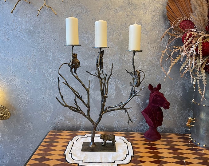 Featured listing image: Candlestick with 3 candles, brass material Classic style tree branch pattern crafts , Candle Holder , Candle Holder and Candle Holder