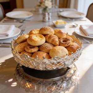 May include: A silver-toned metal serving bowl with an intricate filigree rim, filled with an assortment of golden-brown baked goods including small round rolls, a croissant, and ring-shaped pastries, some topped with seeds or a creamy centre.
