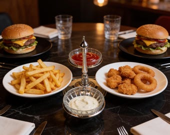 Puede incluir: Dos hamburguesas con queso en platos negros, un plato blanco con patatas fritas doradas y un plato blanco con nuggets de pollo y aros de cebolla. Un soporte plateado de dos niveles contiene kétchup y una salsa blanca cremosa.