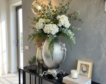 Large Vase Brass Home Accessory Silver Flower Pot Hammered Decor