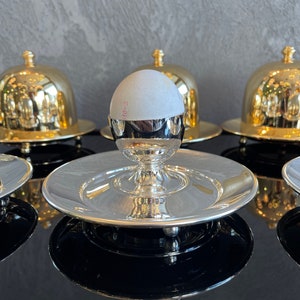 Set of 6 egg cups, handmade and silver plated, with silver tray and lid.