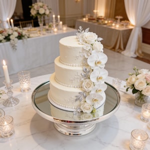 Pode incluir: Um bolo de casamento branco de três andares decorado com rosas brancas, orquídeas brancas e detalhes de folhas prateadas. O bolo apresenta bordas de contas tipo pérola em cada andar e está sobre um suporte redondo com espelho.