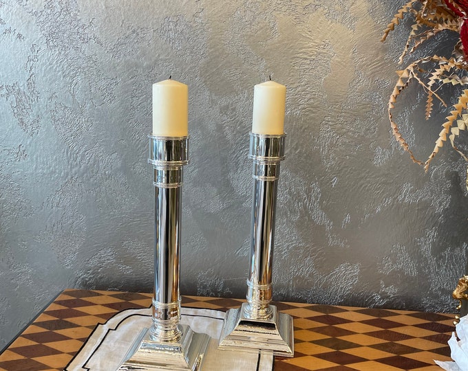 Featured listing image: Retro candlestick -pillar candle holders -modern candle holder -silver candlestick -brass candlestick-metal candlestick -tumbled candlestick