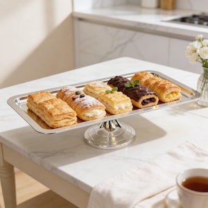 May include: A silver rectangular serving tray on a pedestal holds an assortment of pastries. The pastries include cream-filled, fruit-topped, and chocolate-covered options. The tray sits on a white marble table, with a cup of tea and a vase of white flowers in the background.