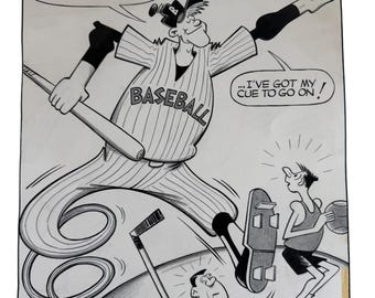 Bob Bowie Ilustración original de dibujos animados deportivos de béisbol Arte Deportes Domingo Ciudad