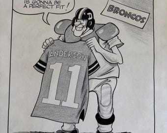 Dibujo animado original de Bob Bowie sobre deportes: Camiseta número 11 de Bobby Anderson de los Denver Broncos