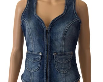 Chaleco vaquero vintage Harley-Davidson Y2K para mujer, azul, con lentejuelas, cordones en la espalda, talla XS, con cremallera.