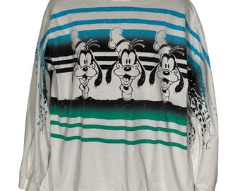 Vintage Disney Character Fashions Goofy Striped Long Sleeve T-Shirt White Large