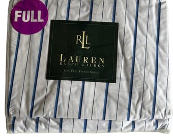 Sábana bajera ajustable Lauren Ralph Lauren, tamaño matrimonial, color azul porcelana con raya diplomática, 100% algodón T200