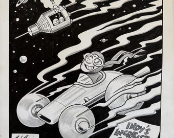 Dibujo animado original de Bob Bowie sobre la carrera espacial Indy 500, firmado y de época.