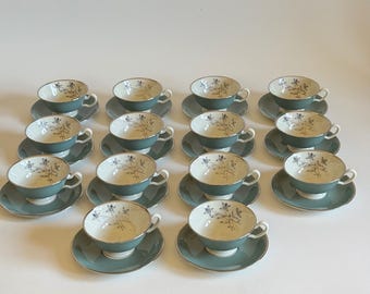 Juego de 14 tazas y platillos vintage Lenox Kingsley X-445 color verde azulado con estampado floral. Hecho en EE. UU.