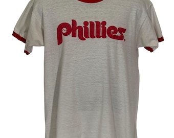 Camiseta vintage Champion Philadelphia Phillies con ribete, blanca y roja, talla grande, MLB años 70 y 80.