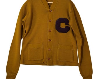 Vintage Sand C Knitting Mills Varsity Letterman Cardigan Mustard 44