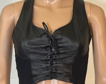Top corto de cuero Wilsons estilo motero vintage con cordones, negro, con espalda cruzada y cremallera, talla S