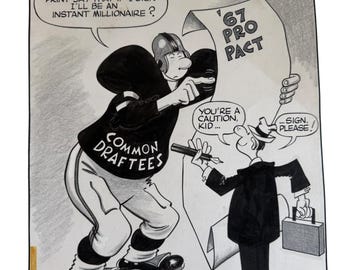 Dibujo original de caricatura editorial deportiva de Bob Bowie de 1967 sobre la NFL y la AFL (Final Football League).