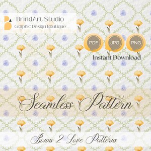 Puede incluir: Un diseño de patrón sin costuras con flores amarillas y detalles florales azules sobre un fondo blanco. El diseño incluye el texto "Seamless Pattern" y "Bonus 2 Love Patterns". La imagen también incluye el texto "Instant Download".