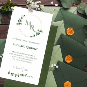 Delicados desenhos de folhas em aquarela e vegetação, cartão de primeira comunhão, Canva Easy Edit, personalização de primeira comunhão, cartão exclusivo + BÔNUS