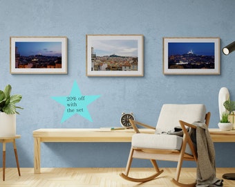 Ensemble de trois photographies imprimées de Marseille de jour, nuit et heure bleue, sur papier photo pro brillant, pour décoration murale