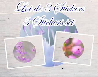 Lot de trois autocollants floraux ronds, stickers de fleurs violettes, pour scrapbooking, décoration de carnets, diamètre 10cm