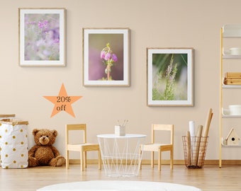 Ensemble de trois photographies imprimées de fleurs de Bruyères violettes, format vertical, sur papier photo pro, pour décoration murale