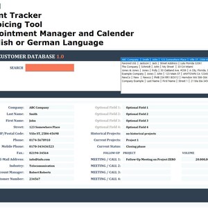 May include: A screenshot of a customer relationship management (CRM) software interface. The interface has a search bar, a list of customer information, and a section for managing appointments and projects. The text "MY CUSTOMER DATABASE 1.0" is displayed at the top of the screen.