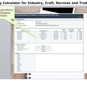 Könnte beinhalten: Ein Screenshot einer Preisberechnungstabelle für Industrie, Handwerk, Dienstleistungen und Handel. Die Tabelle trägt den Titel "Pricing Calculator for Industry, Craft and Servicer and Trade" und enthält einen Abschnitt für Konfiguration, Mitarbeiter und Aktivitäten. Die Tabelle enthält auch eine Sprachauswahl mit Optionen für Deutsch, Englisch, Französisch, Italienisch, Spanisch, Polnisch, Türkisch, Rumänisch, Portugiesisch und Ungarisch.