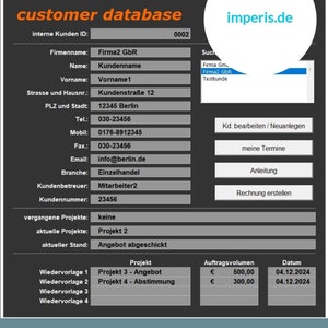 Könnte beinhalten: Ein Screenshot einer Kundendatenbank-Softwareoberfläche. Der Bildschirm zeigt ein Kundenprofil mit Informationen wie Name, Adresse, Telefonnummer und E-Mail. Die Software bietet auch Funktionen zur Verwaltung von Rechnungen, Terminen und Aufgaben.
