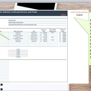May include: A pricing calculator spreadsheet for industry, craft, and service businesses. The spreadsheet includes a configuration section for client name, project name, and project description. The spreadsheet also includes a section for employee information, including name, type of contract, and cost per hour. The spreadsheet also includes a section for employee contributions, including health insurance, pension insurance, and unemployment insurance. The spreadsheet also includes a section for activities, including setup, serving, drilling, and milling. The spreadsheet is in English and includes a section for selecting a different language.