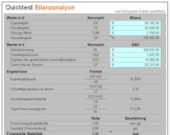 Excel Tool Quicktest Balance Sheet Analysis - quickly and easily analyze balance sheets based on important financial indicators