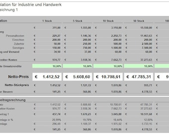 Calculate prices: Price calculation for services, industry, trade or trade - Excel Tool