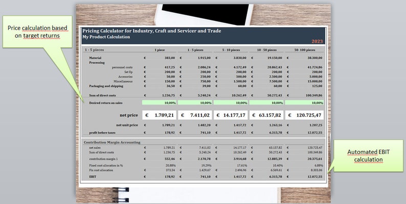 May include: A spreadsheet with a pricing calculator for industry, craft, and service businesses. The spreadsheet includes columns for different quantities of products, with calculations for material, processing, packaging, and shipping costs. The spreadsheet also includes calculations for net price, profit before taxes, and EBIT.