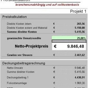 May include: A screenshot of a price calculation for a project. The calculation includes direct costs, desired profit margin, and net project price. The calculation also includes a breakdown of the cost of goods sold and profit.