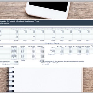 May include: A spreadsheet titled "Pricing Calculator for Industry, Craft and Servicer and Trade" with a section for "Material", "Processing", and "Packaging and Shipping". The spreadsheet includes columns for "Component 1" through "Component 10" and rows for "Material Costs", "Other Costs", "Total Costs", "Activity", "Duration", "Cost per hour", "Total Costs", "Conditioning", "Storage", "Shipping Costs", and "Total Costs".