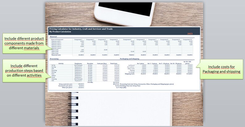 May include: A spreadsheet titled "Pricing Calculator for Industry, Craft and Servicer and Trade" with a section for "Material", "Processing", and "Packaging and Shipping". The spreadsheet includes columns for "Component 1" through "Component 10" and rows for "Material Costs", "Other Costs", "Total Costs", "Activity", "Duration", "Cost per hour", "Total Costs", "Conditioning", "Storage", "Shipping Costs", and "Total Costs".