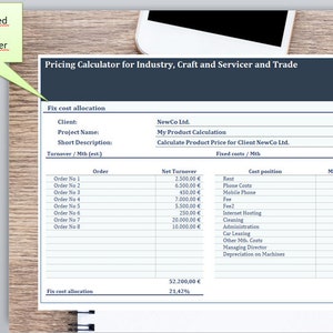 May include: A pricing calculator spreadsheet for industry, craft, and service businesses. The spreadsheet includes a section for fixed cost allocation, with fields for client name, project name, short description, and estimated monthly turnover. The spreadsheet also includes a section for calculating product price, with fields for net turnover, cost position, and monthly costs.