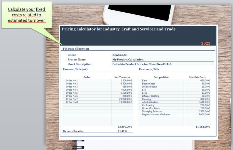 May include: A pricing calculator spreadsheet for industry, craft, and service businesses. The spreadsheet includes a section for fixed cost allocation, with fields for client name, project name, short description, and estimated monthly turnover. The spreadsheet also includes a section for calculating product price, with fields for net turnover, cost position, and monthly costs.