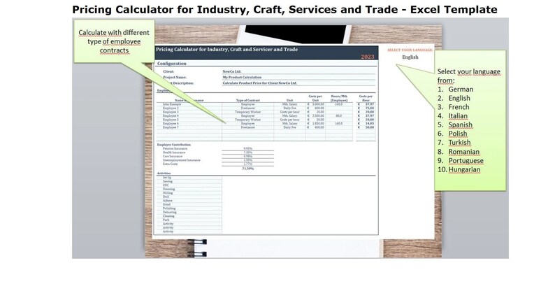 May include: A screenshot of a pricing calculator spreadsheet template for industry, craft, services, and trade. The spreadsheet is titled "Pricing Calculator for Industry, Craft and Servicer and Trade" and includes a section for configuration, employees, and activities. The spreadsheet also includes a language selection option with options for German, English, French, Italian, Spanish, Polish, Turkish, Romanian, Portuguese, and Hungarian.
