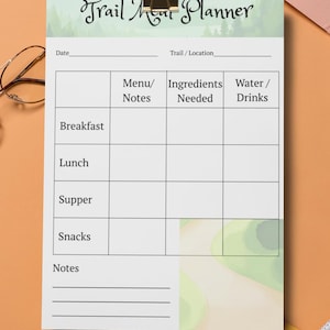 Menù stampabile per escursioni, pianificatore alimentare per campeggio, monitoraggio dei pasti per avventure all'aria aperta, download digitale