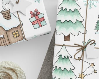 Penguin Christmas Wrapping Paper, Winter Cottage Gift Wrap