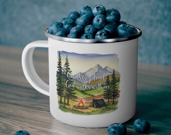 Mug Faith Randonneur en émail. Camping, Foi, Nature