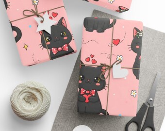 Geschenkpapier mit niedlichem schwarzen Katzenmuster, Geschenkpapier mit rosa Herzen und Blumenmuster