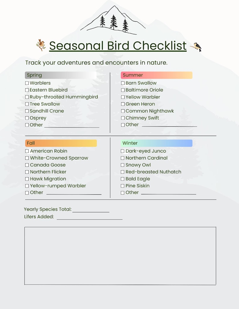 Seasonal Bird Checklist Printable | Nature Journal (PDF) - Etsy