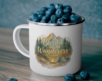 Enamel Camping Mug, Blessed Are the Wanderers Mountain Design