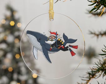 Adorno acrílico de ballena jorobada con buzo de Papá Noel, decoración navideña oceánica